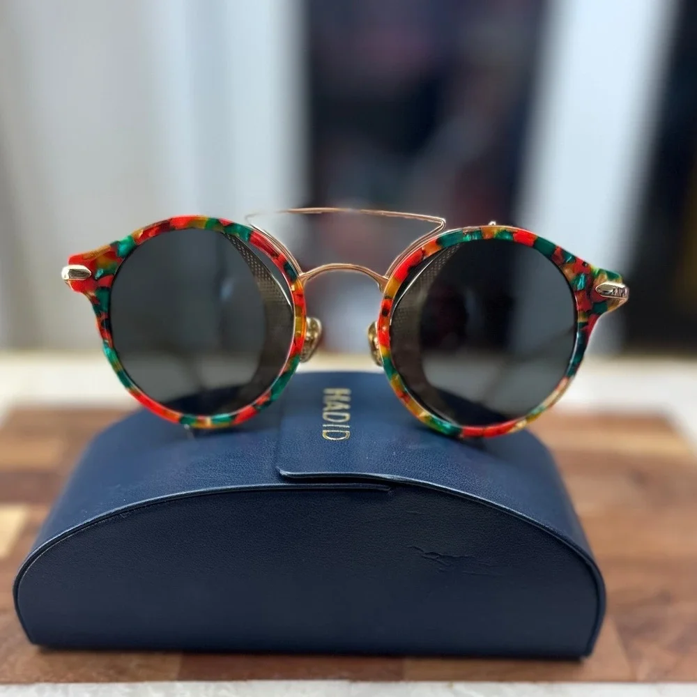 HADID Jetsetter Sunglasses Multicolor Round Mesh Side Shield Gold Case EXCELLENT